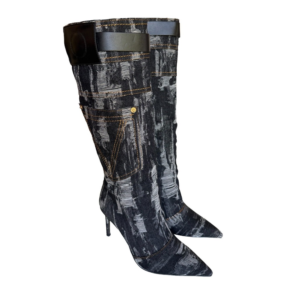 Cevarisai Women's Size 10 New Distressed Denim Look Accent Sock Boots Mid Calf
